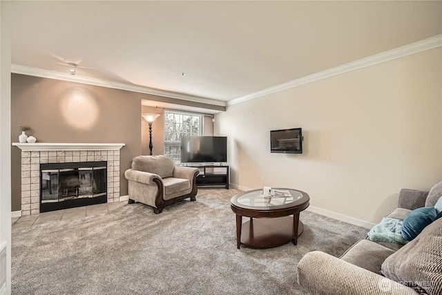 carpeted living room with crown molding, baseboards, and a tile fireplace