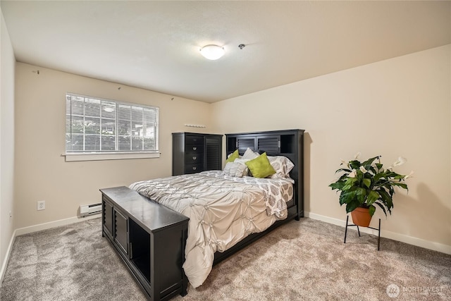 bedroom featuring a baseboard radiator, baseboards, and carpet floors