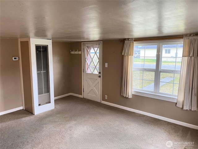 entrance foyer with baseboards, carpet floors, and a healthy amount of sunlight