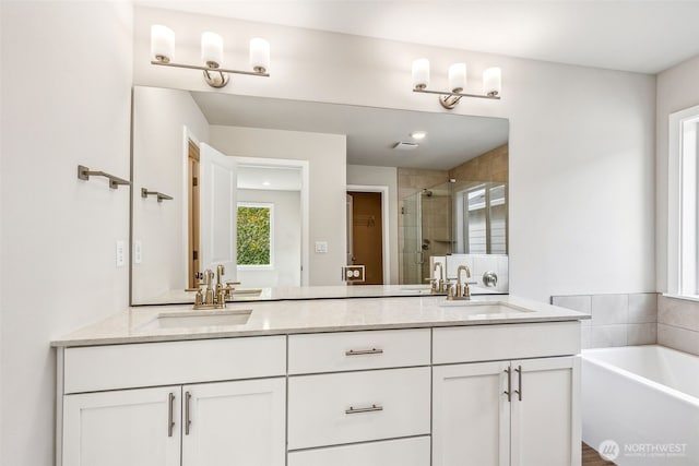 bathroom with double vanity, a shower stall, a sink, and a bath