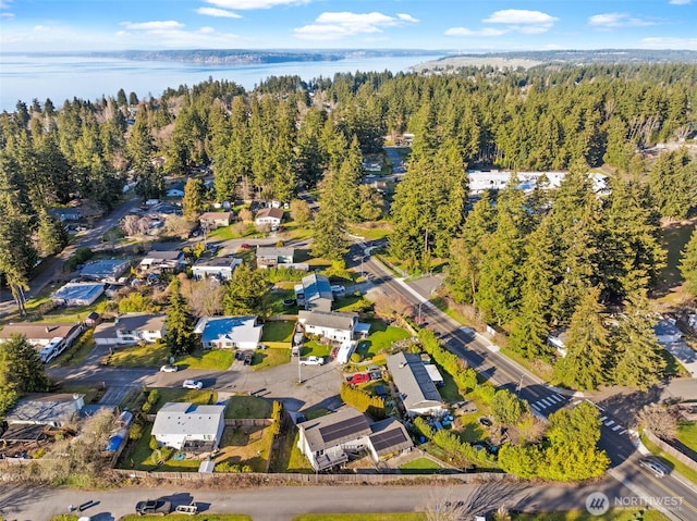 drone / aerial view with a water view and a view of trees