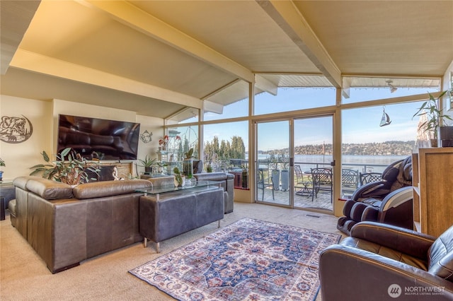 10008 Rainier Ave S, Seattle, WA 98178 - carpeted living room featuring lofted ceiling with beams and visible vents
