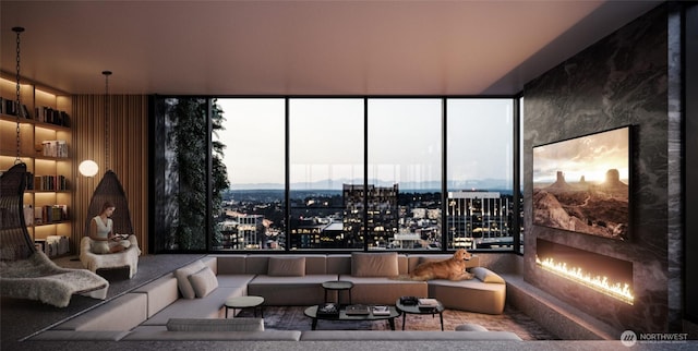 interior space with a view of city and a large fireplace