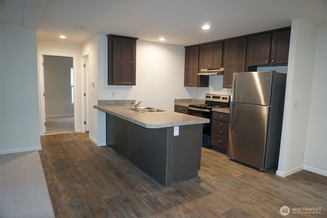 kitchen featuring dark wood-style floors, stainless steel appliances, a sink, dark brown cabinets, and under cabinet range hood