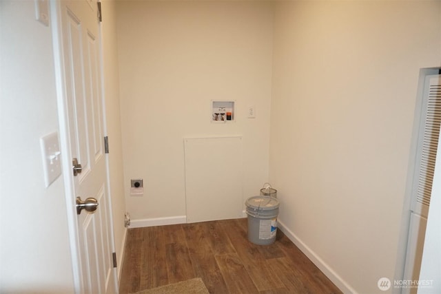 laundry area featuring laundry area, baseboards, wood finished floors, hookup for a washing machine, and hookup for an electric dryer