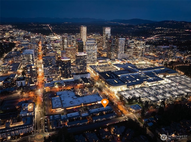 aerial view at twilight featuring a view of city lights