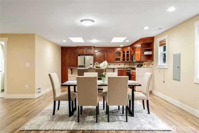 dining room featuring light wood-type flooring, electric panel, visible vents, and baseboards