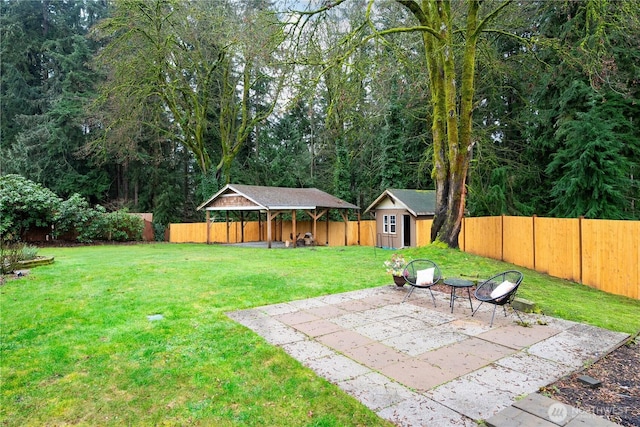 view of yard with a patio area, a fenced backyard, and an outdoor structure