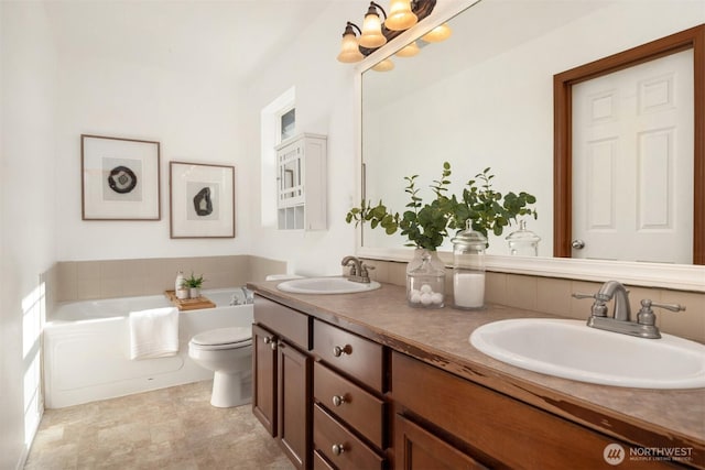 full bathroom with a garden tub, a sink, toilet, and double vanity