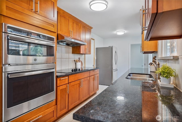 kitchen with brown cabinets, tasteful backsplash, appliances with stainless steel finishes, a sink, and under cabinet range hood