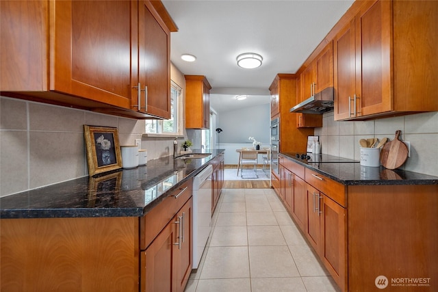 kitchen with light tile patterned floors, under cabinet range hood, a sink, brown cabinets, and dishwasher