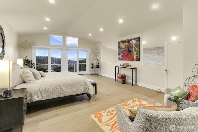 bedroom with light wood finished floors, baseboards, high vaulted ceiling, and recessed lighting