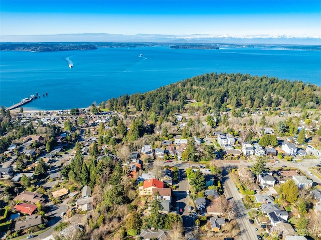 birds eye view of property with a water view and a residential view