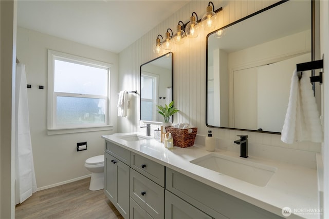 bathroom with double vanity, wood finished floors, a sink, and toilet