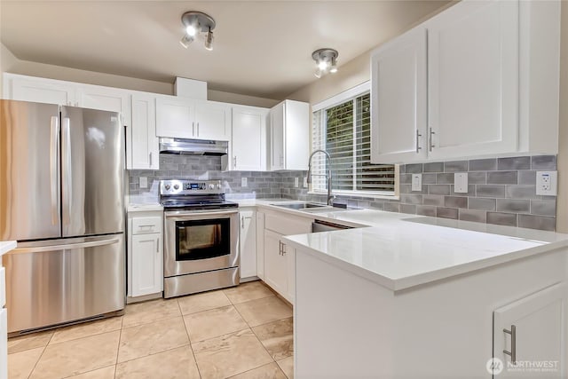 kitchen with appliances with stainless steel finishes, a sink, white cabinetry, and under cabinet range hood