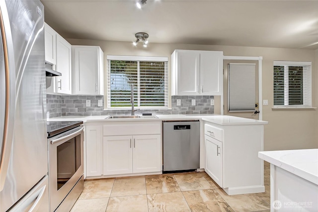 kitchen with wall chimney exhaust hood, appliances with stainless steel finishes, light countertops, white cabinetry, and a sink