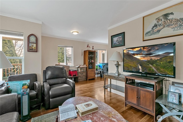 living area with crown molding, wood finished floors, and a healthy amount of sunlight