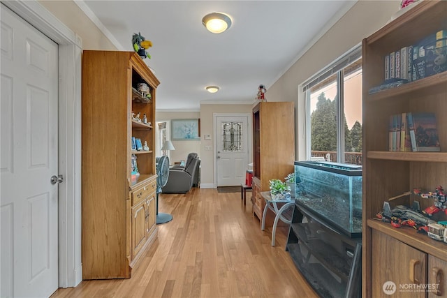 interior space with light wood-type flooring and crown molding