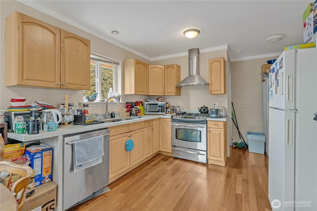 kitchen with stainless steel appliances, a sink, wall chimney range hood, light wood-type flooring, and light brown cabinetry