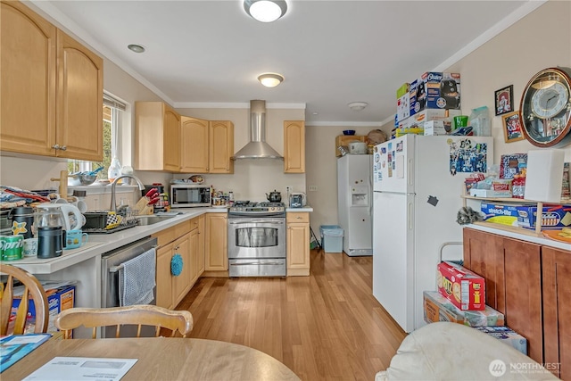 kitchen with light countertops, appliances with stainless steel finishes, wall chimney range hood, and light brown cabinetry