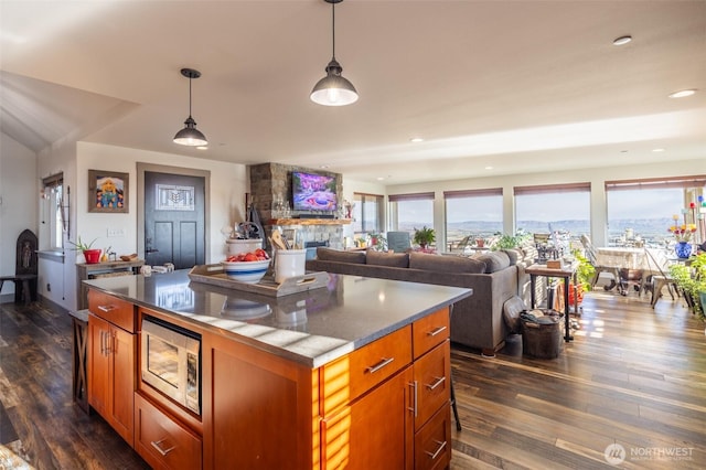 kitchen featuring dark wood-style flooring, stainless steel microwave, plenty of natural light, and a center island