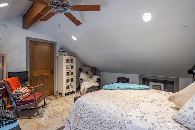 bedroom with lofted ceiling with beams, a ceiling fan, wood finished floors, and recessed lighting