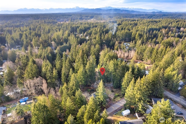 aerial view featuring a mountain view and a view of trees