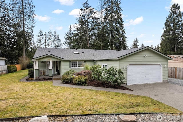 ranch-style house with a garage, driveway, roof with shingles, fence, and a front yard