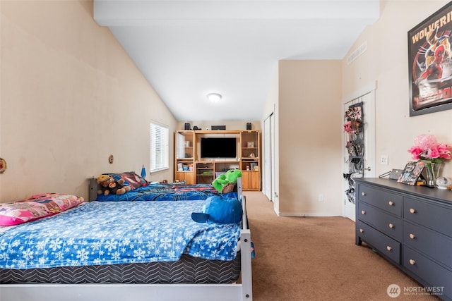 bedroom featuring vaulted ceiling with beams, carpet, and visible vents