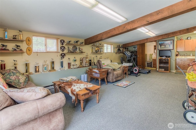 carpeted living room with plenty of natural light, baseboard heating, and beamed ceiling