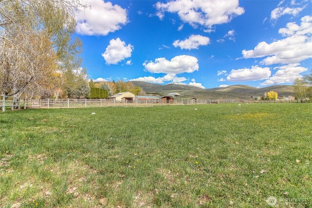 view of yard featuring a rural view, fence, and a mountain view