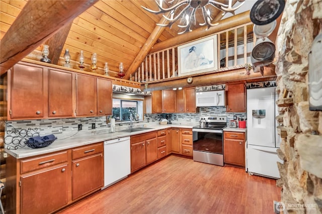 kitchen featuring wooden ceiling, light wood-style flooring, backsplash, a sink, and white appliances