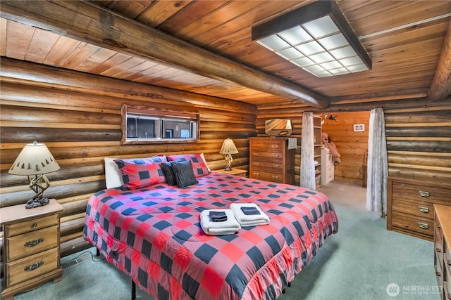 bedroom with carpet floors, wooden ceiling, and beamed ceiling