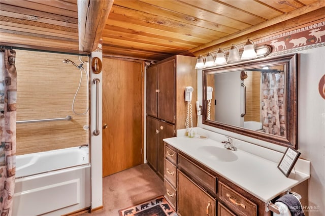 bathroom featuring wooden ceiling, shower / bath combo, and vanity