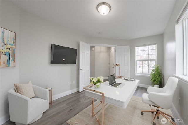 office with baseboards and wood finished floors