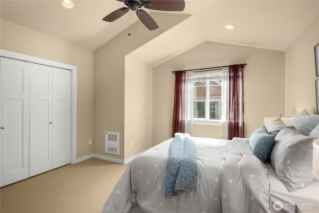 bedroom featuring lofted ceiling, ceiling fan, recessed lighting, carpet flooring, and baseboards