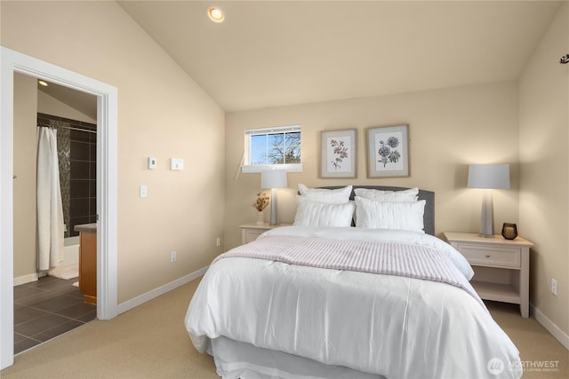 bedroom with lofted ceiling, recessed lighting, carpet, and baseboards