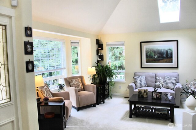 interior space featuring carpet floors, baseboards, and vaulted ceiling