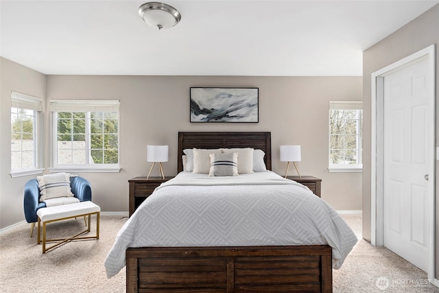 bedroom featuring multiple windows, carpet flooring, and baseboards