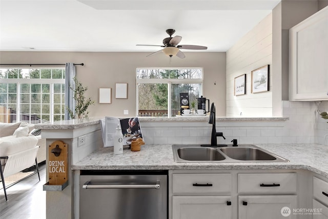 kitchen with decorative backsplash, white cabinetry, a sink, and stainless steel dishwasher