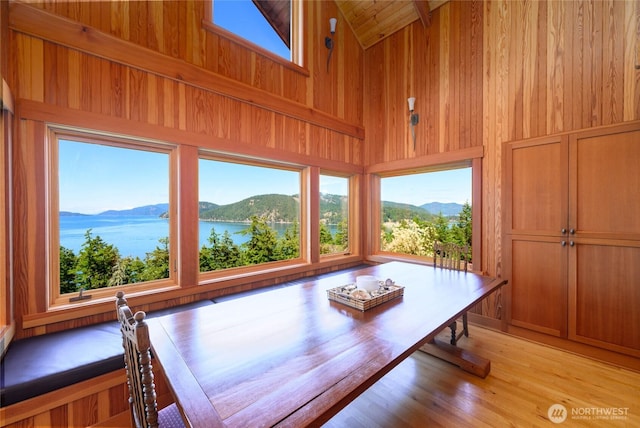 707 NW Thatcher Pass Rd, Decatur Island, WA 98221 - unfurnished dining area featuring high vaulted ceiling, wooden walls, light wood-style flooring, and a water and mountain view