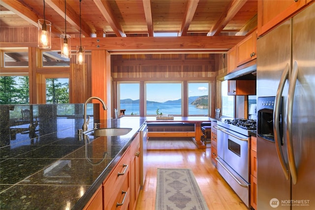 707 NW Thatcher Pass Rd, Decatur Island, WA 98221 - kitchen with under cabinet range hood, light wood-style floors, brown cabinetry, appliances with stainless steel finishes, and a sink