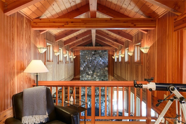 707 NW Thatcher Pass Rd, Decatur Island, WA 98221 - interior space featuring wooden ceiling, wood walls, and vaulted ceiling with beams