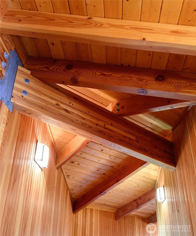 707 NW Thatcher Pass Rd, Decatur Island, WA 98221 - details featuring wooden ceiling and beamed ceiling
