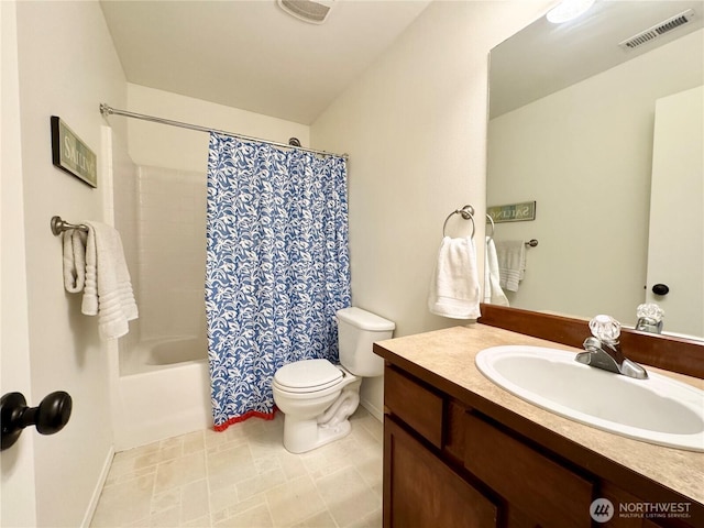 full bath featuring visible vents, toilet, vanity, and shower / tub combo with curtain