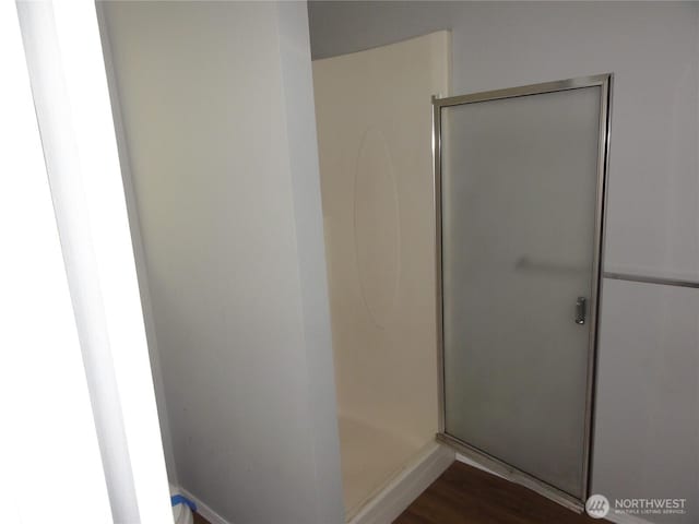 bathroom with wood finished floors and a shower with shower door