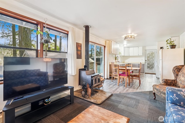 10209 Edgewood Dr, Anderson Island, WA 98303 - living area with light wood finished floors and a wood stove