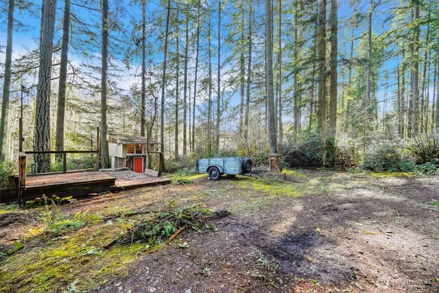 10209 Edgewood Dr, Anderson Island, WA 98303 - view of yard with an outbuilding, driveway, and a wooded view