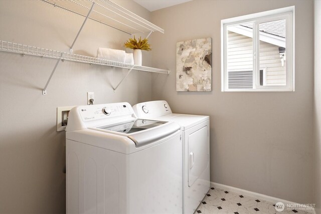 laundry room featuring laundry area, baseboards, and washing machine and clothes dryer