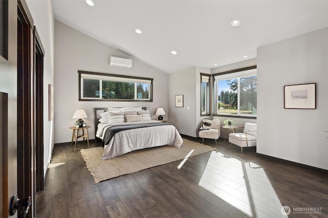 bedroom with recessed lighting, baseboards, vaulted ceiling, an AC wall unit, and dark wood-style floors